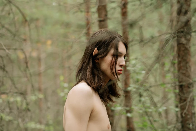 a naked woman standing in a wooded area, an album cover, by Attila Meszlenyi, trending on pexels, androgynous face, male half-elf, ears, anato finnstark. 5 0 mm