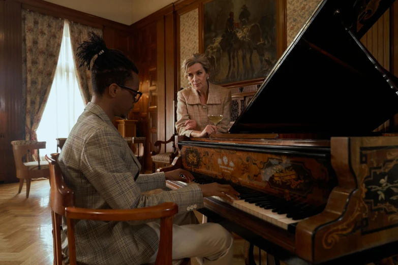 a man and a woman sitting at a piano, ashteroth, filmstill, private school, thumbnail