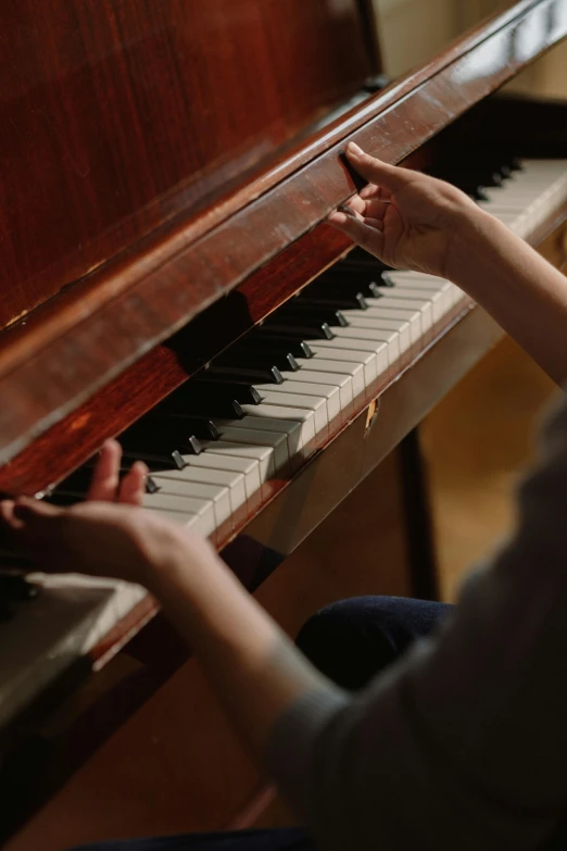 a close up of a person playing a piano, paul barson, miranda meeks, full subject, brown