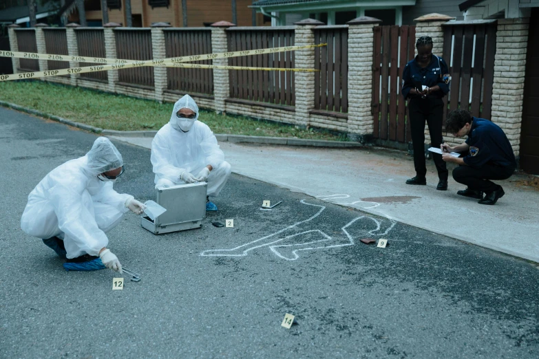 a couple of people that are in the street, hyperrealism, crime scene, government archive photograph, realistic », octa 8k