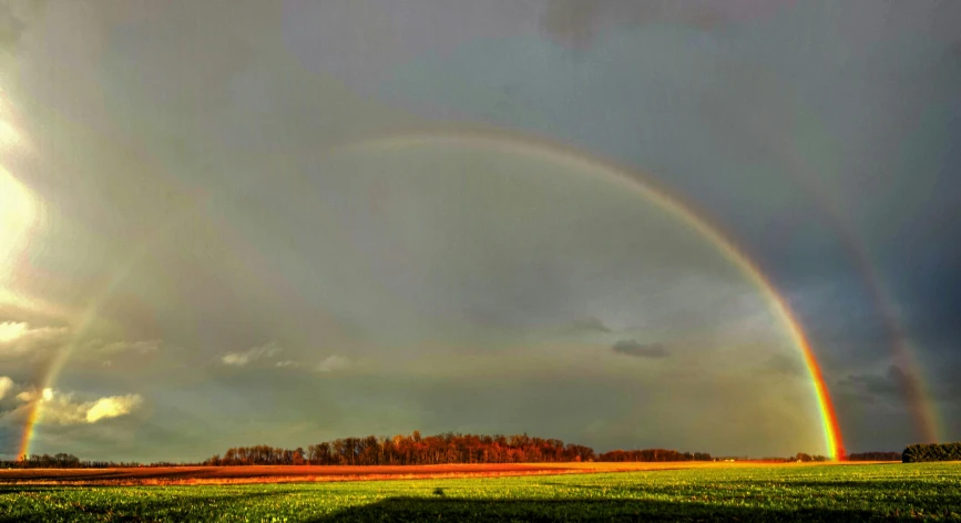 a couple of rainbows that are in the sky, a picture, by Jan Rustem, color field, hdr photograph, ultrawide lens”, midwest countryside, fine art print