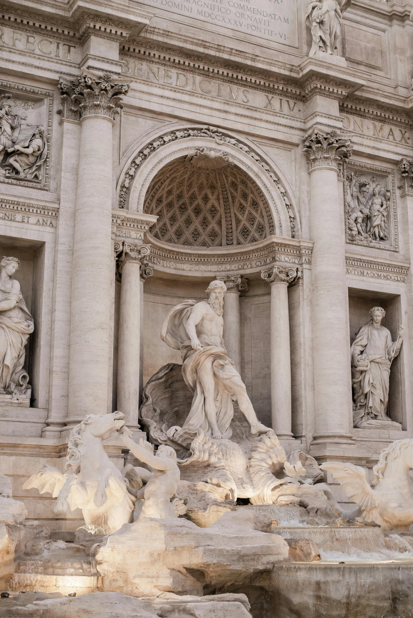 a large fountain with statues in front of it, by Gian Lorenzo Bernini, pexels contest winner, neoclassicism, sweeping arches, looking to his left, gladiator, seasonal