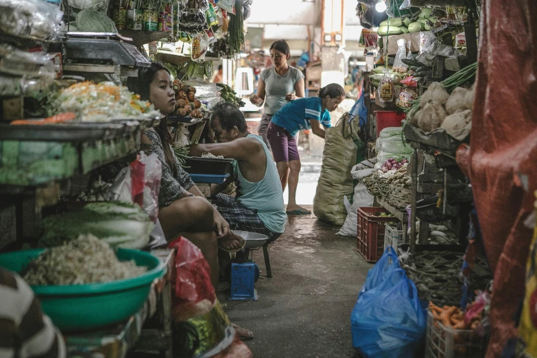 a group of people that are in a market, by Daniel Lieske, pexels contest winner, bangkok, green alleys, avatar image, maintenance