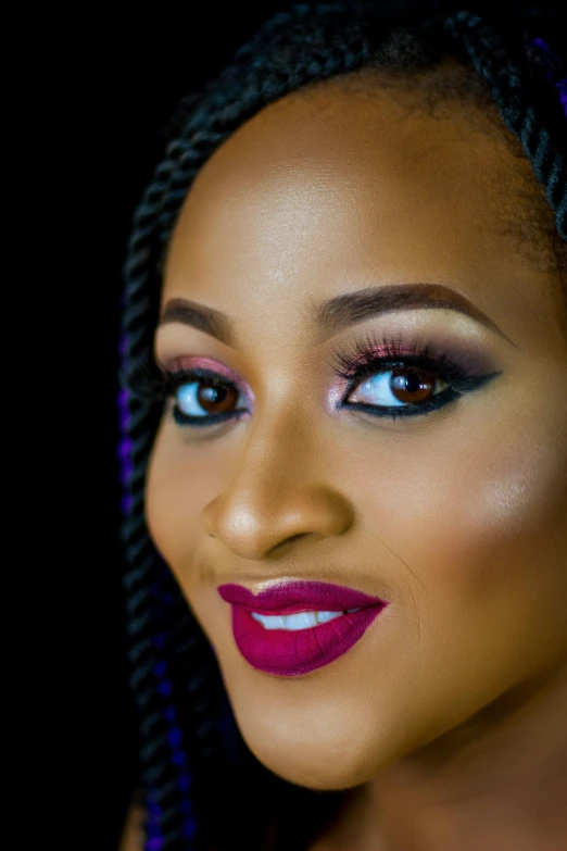 a close up of a woman with purple makeup, a portrait, inspired by Chinwe Chukwuogo-Roy, confident looking, high quality upload, headshot profile picture, lady kima