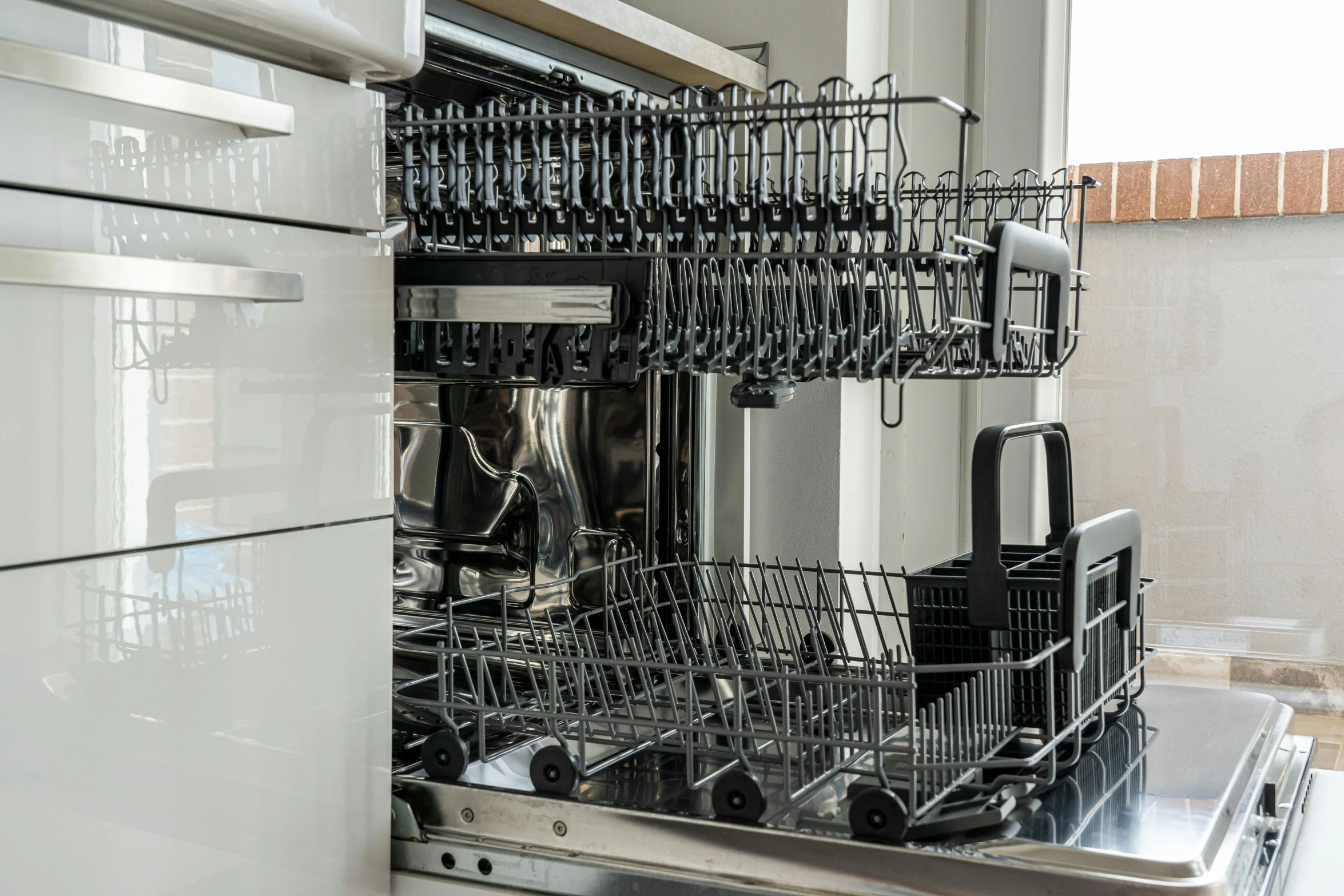 a dishwasher sitting inside of a kitchen next to a window, by Konrad Witz, shutterstock, 15081959 21121991 01012000 4k, featuring rhodium wires, hyper - detail, multiple stories