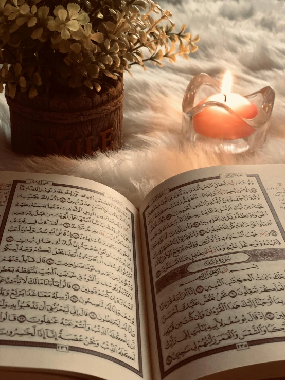 an open book sitting on top of a table next to a candle, hurufiyya, background image, multiple stories, islamic, ☁🌪🌙👩🏾