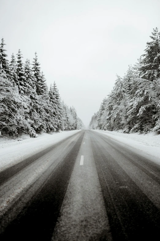 a black and white photo of a snowy road, pexels contest winner, empty road in the middle, bright nordic forest, a car, corduroy road