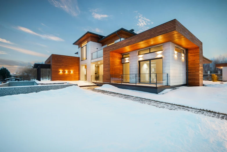 a house with a lot of snow on the ground, altermodern, award winning masterpiece, bright lighting, 8 k 4 k, 1 2 9 7