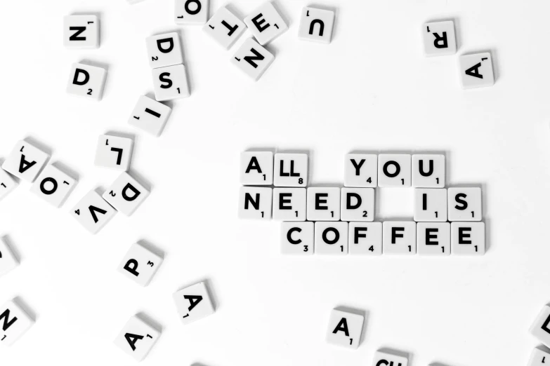 letters that spell out all you need is coffee, by Elaine Hamilton, trending on unsplash, minimalism, board games, made of all white ceramic tiles, 1024x1024, no words 4 k