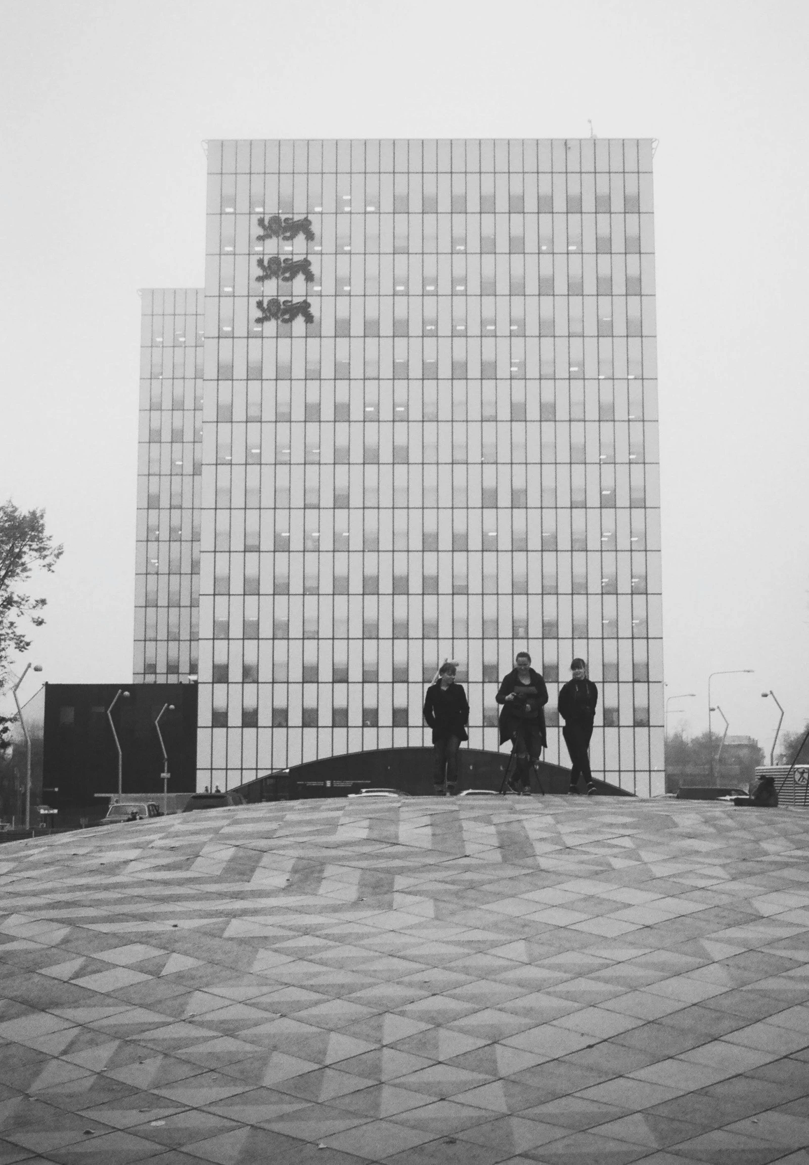 a group of people standing in front of a building, a black and white photo, unsplash, brutalism, foggy weather, helipad, warsaw, circa 1969