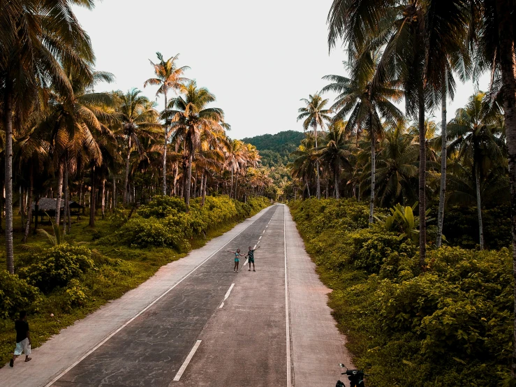 a couple of people riding on the back of a motorcycle down a road, pexels contest winner, coconut trees, empty road in the middle, thumbnail, tropics