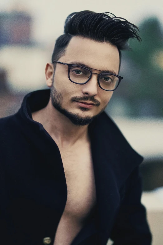 a man wearing glasses and a black jacket, a digital rendering, by Adam Marczyński, pexels contest winner, renaissance, sexy look at the camera, raden saleh, gif, a handsome man，black short hair