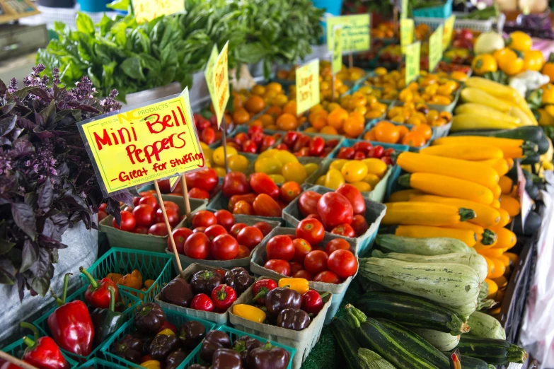 a fruit and vegetable stand at a farmer's market, by Meredith Dillman, pexels, red and teal and yellow, bells, avatar image, a small