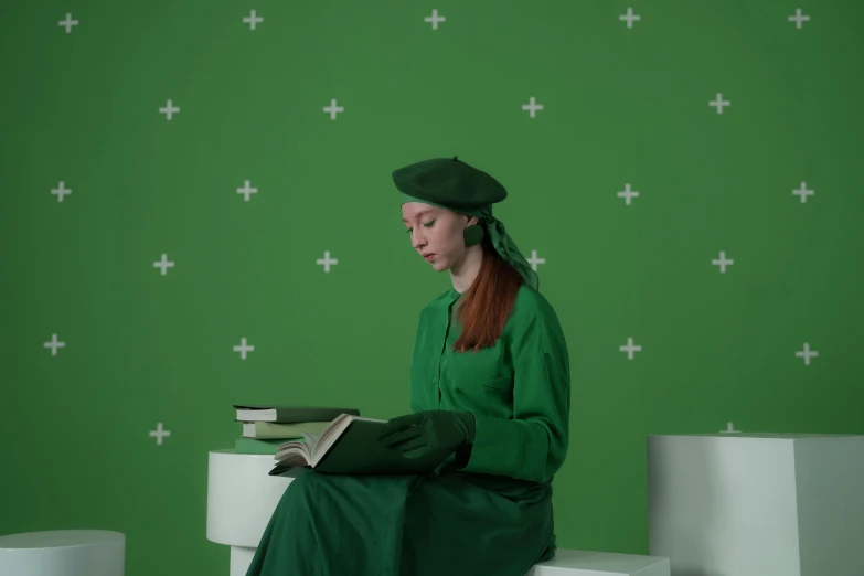 a woman sitting on a bench reading a book, an album cover, inspired by Art Green, trending on pexels, analytical art, green screen, wearing a beret, cinematic outfit photo, anna nikonova