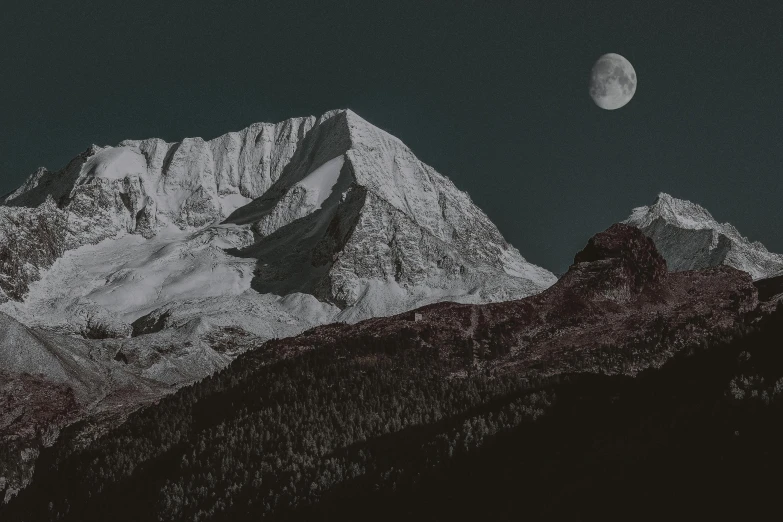 a snow covered mountain with a full moon in the sky, a black and white photo, unsplash contest winner, aestheticism, ☁🌪🌙👩🏾, high color contrast, alpes, pc wallpaper