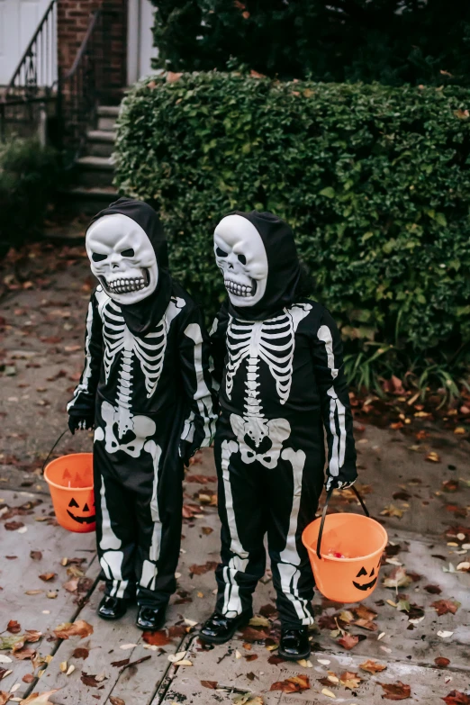 a couple of skeletons standing next to each other, by Ellen Gallagher, pexels, trick or treat, cute boys, trash, instagram post