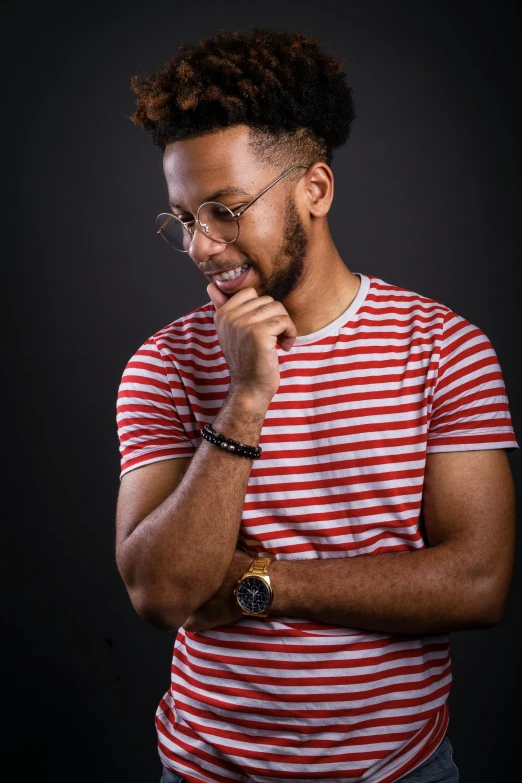 a man in a red and white striped shirt, a character portrait, inspired by Theo Constanté, pexels contest winner, teddy fresh, nerdy appearance, studio photoshot, ismail