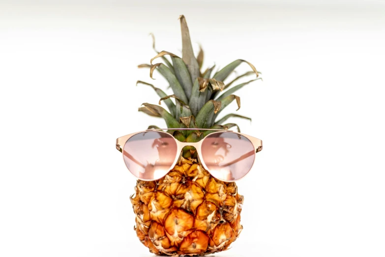 a pineapple wearing sunglasses on a white background, by Adam Marczyński, trending on unsplash, fan favorite, group photo, body shot, pink