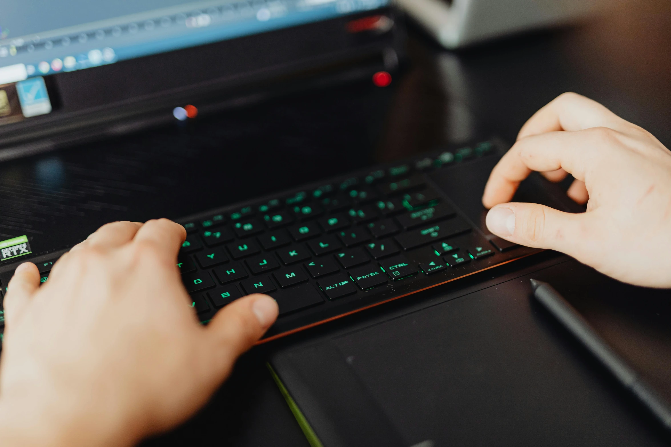 a close up of a person typing on a laptop, a computer rendering, by Dan Content, pexels, green bioluminescent chrometype, steam deck, thinkpad, mobile game style