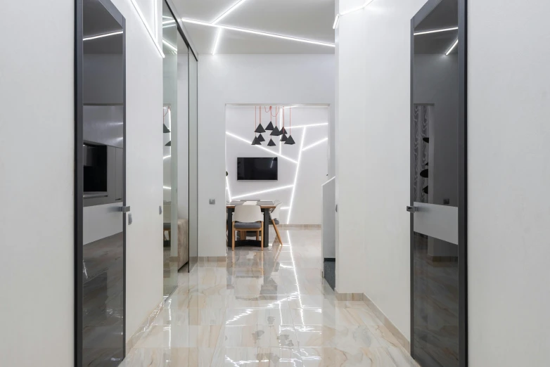 a long hallway leading to a dining room, by Adam Marczyński, light and space, glossy white metal, neo kyiv, lines of lights, doctors office