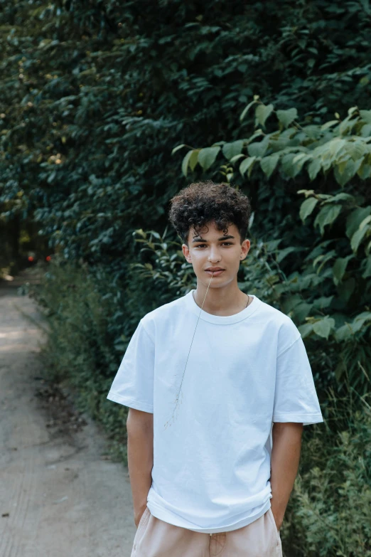 a young man standing on the side of a road, an album cover, inspired by John Luke, pexels contest winner, renaissance, dressed in a white t-shirt, portrait of 14 years old boy, mixed race, in the garden