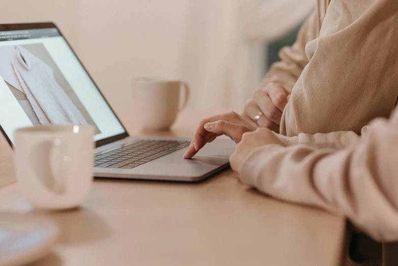 a woman sitting at a table using a laptop computer, trending on pexels, subtle tones, brown, background image, creamy