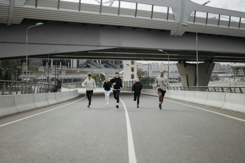 a group of people running across a bridge, federation clothing, seamless, long street, joel fletcher