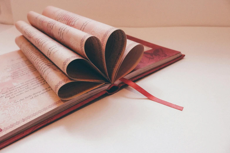 an open book sitting on top of a table, red and brown color scheme, botanical herbarium paper, upclose, ribbon