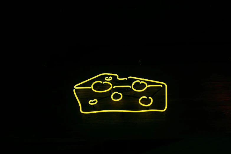 a neon sign with a piece of cheese on it, by Alexis Grimou, 120mm, skins, milk, ( ( dark skin ) )