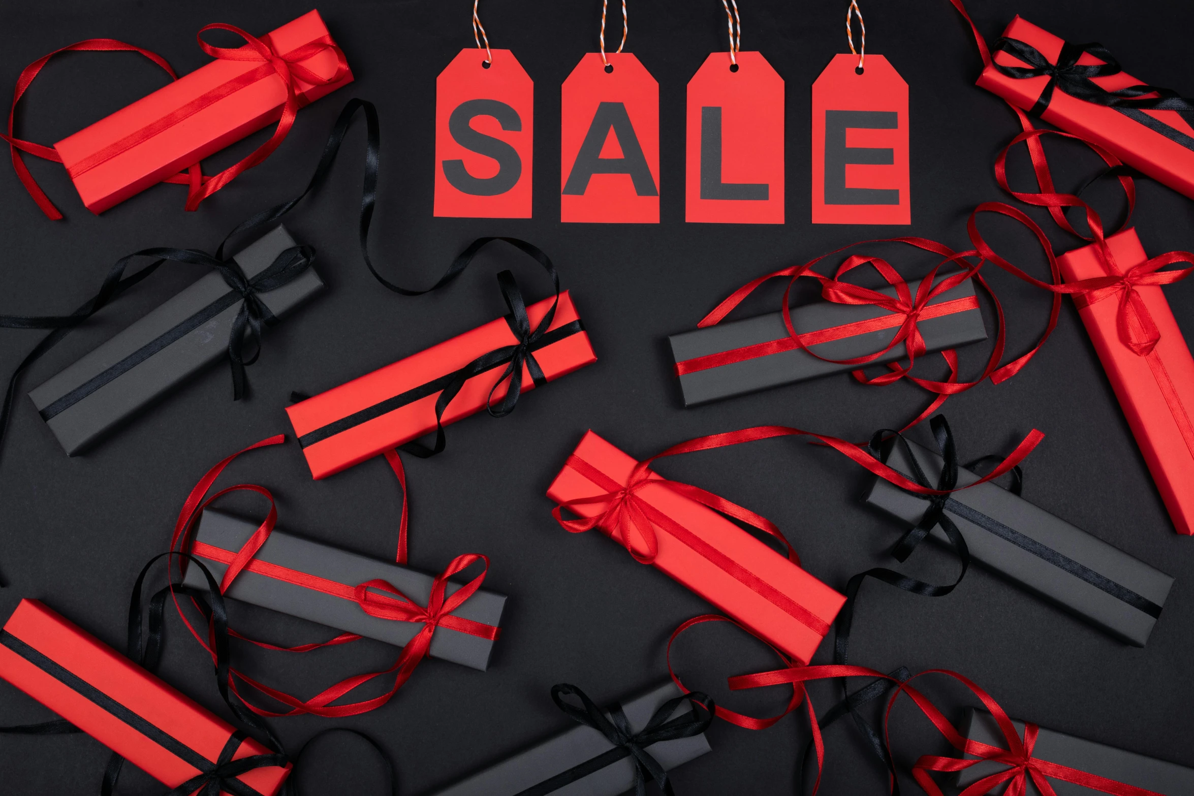 a pile of red and black gift boxes with sale tags on them, pexels contest winner, conceptual art, thumbnail, black jewellery, navy, split near the left