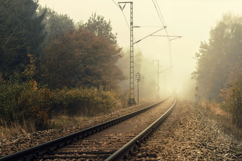 a train track surrounded by trees on a foggy day, by Lucia Peka, pexels contest winner, romanticism, faded and dusty, autumnal, train station in summer, light green mist