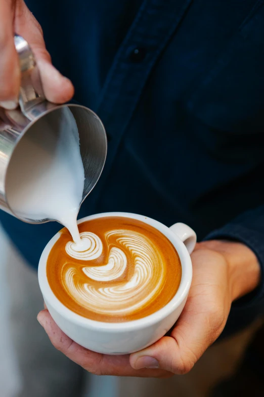 a person pouring milk into a cup of coffee, by Niko Henrichon, daily specials, swirly, lachlan bailey, no cropping