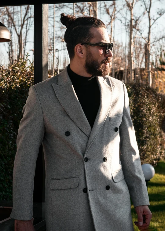 a man with a beard wearing a suit and sunglasses, inspired by Ramon Pichot, light grey, twins, thumbnail, coat