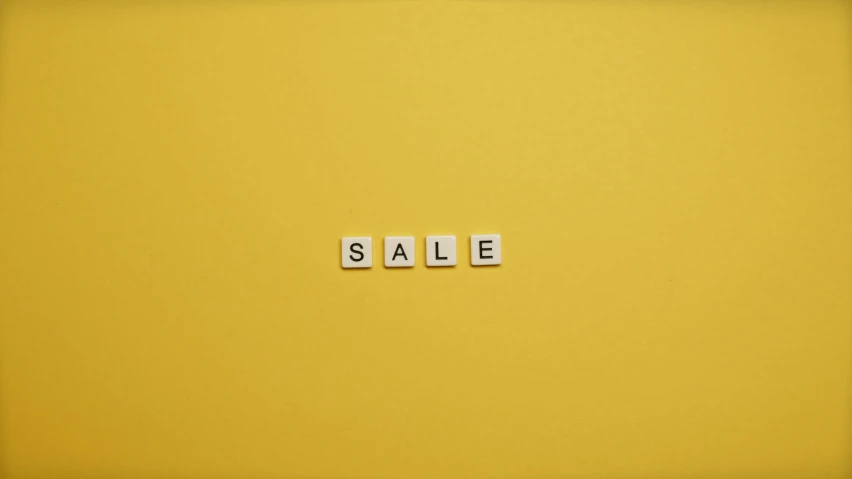 the word sale spelled in scrabbles on a yellow background, trending on unsplash, visual art, ignant, square enix, beige, advert