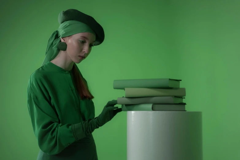 a woman standing in front of a stack of books, inspired by Joseph Wright of Derby, academic art, monochromatic green, wearing a beret, green crt monitors, ignant