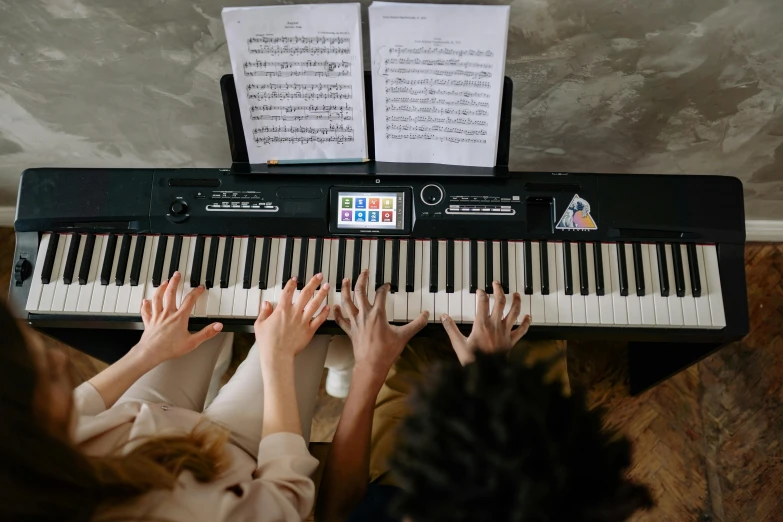 a couple of people that are playing a piano, trending on pexels, academic art, top-down shot, school class, professional high quality scan, thumbnail