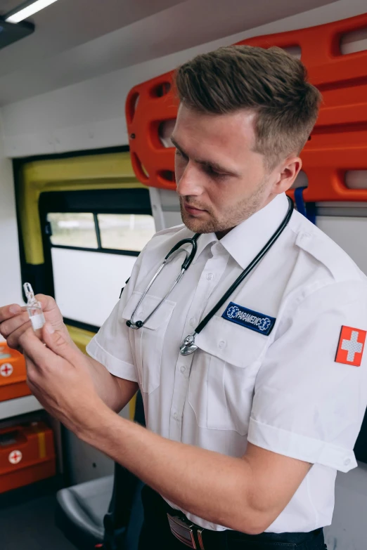 a male in a white shirt and a stethoscope, by Adam Marczyński, pexels, happening, ambulance, holding a small vape, in uniform, avatar image