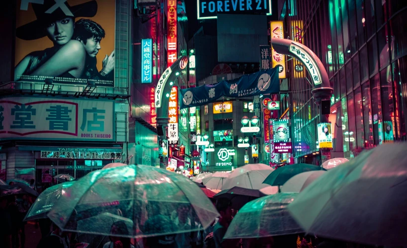 a group of people walking down a street holding umbrellas, cyberpunk art, pexels contest winner, japanese neon signs, time square, bladerunner city landscape, 80's japanese photo