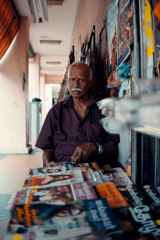 a man sitting at a table with magazines on it, poster art, inspired by Steve McCurry, pexels contest winner, private press, old pawn shop, on an indian street, malaysian, brown