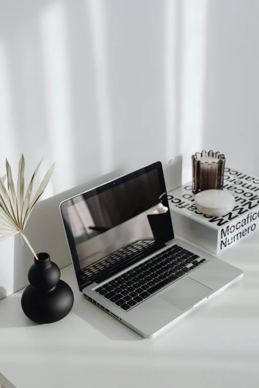 a laptop computer sitting on top of a white desk, unsplash contest winner, computer art, black and silver, modern earthy neutral earthy, collection product, morning sun