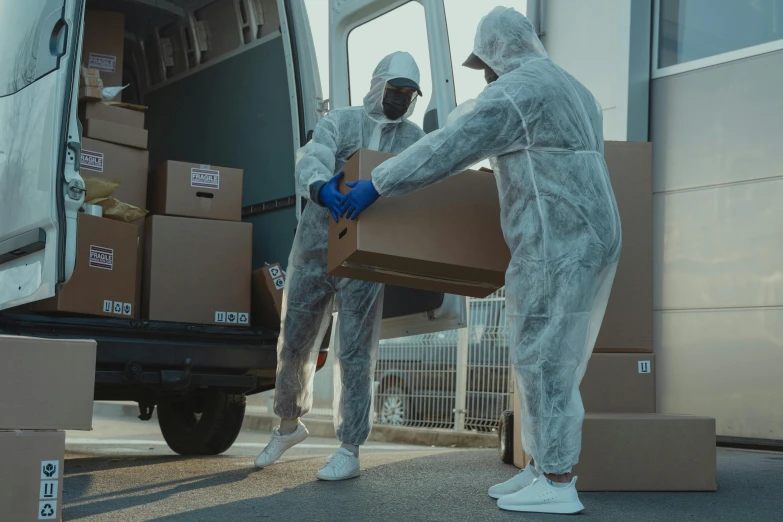 two men in hazmat suits unloading boxes from a van, pexels contest winner, renaissance, avatar image, grey, diverse, full body