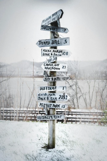 a sign post sitting in the middle of a snow covered field, by Kristin Nelson, land art, lots of signs and shops, tourist map, docks, with names