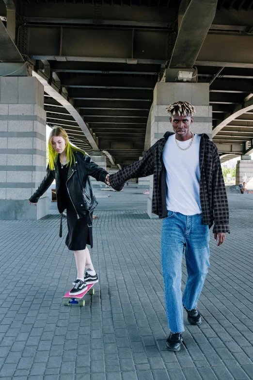 a man and a woman riding skateboards under a bridge, by Cosmo Alexander, trending on pexels, renaissance, adut akech, non binary model, on a parking lot, neo kyiv