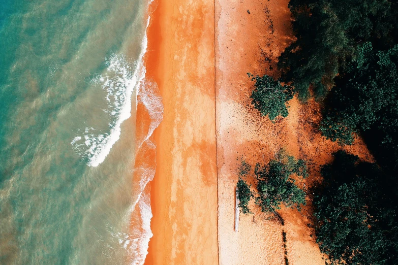 an aerial view of a sandy beach next to the ocean, pexels contest winner, white and orange, thumbnail, teal orange, tropical trees