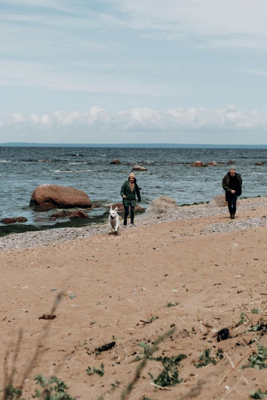 a couple of people walking a dog on a beach, by Christen Dalsgaard, unsplash, quebec, low quality footage, rocky beach, 2 5 6 x 2 5 6 pixels