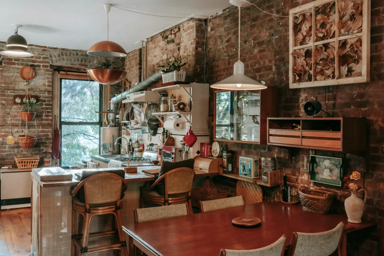 a kitchen with a wooden table and chairs, by Liza Donnelly, pexels contest winner, maximalism, in chippendale sydney, cozy 1 9 5 0's, brown, cafe