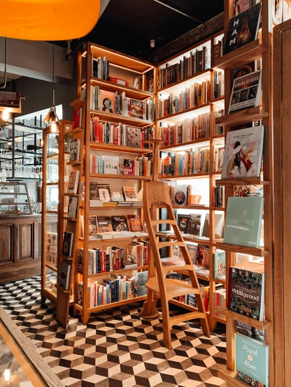 a book store filled with lots of books, by Julia Pishtar, ladder, for displaying recipes, instagram story, light lighting side view