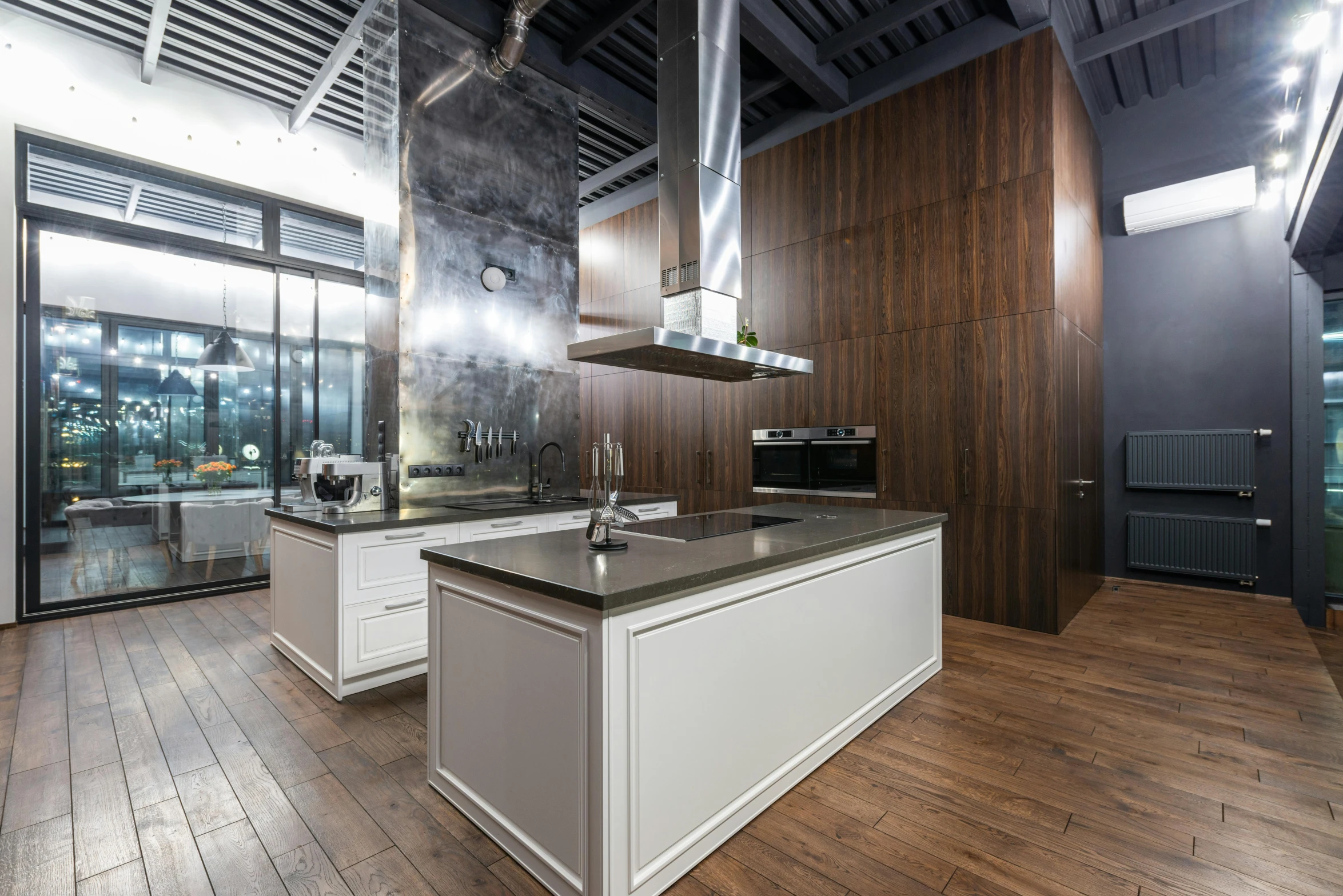 a kitchen with a stove top oven sitting on top of a wooden floor, inspired by Albert Paris Gütersloh, ultrastation hq, neo kyiv, thumbnail, photo for a store