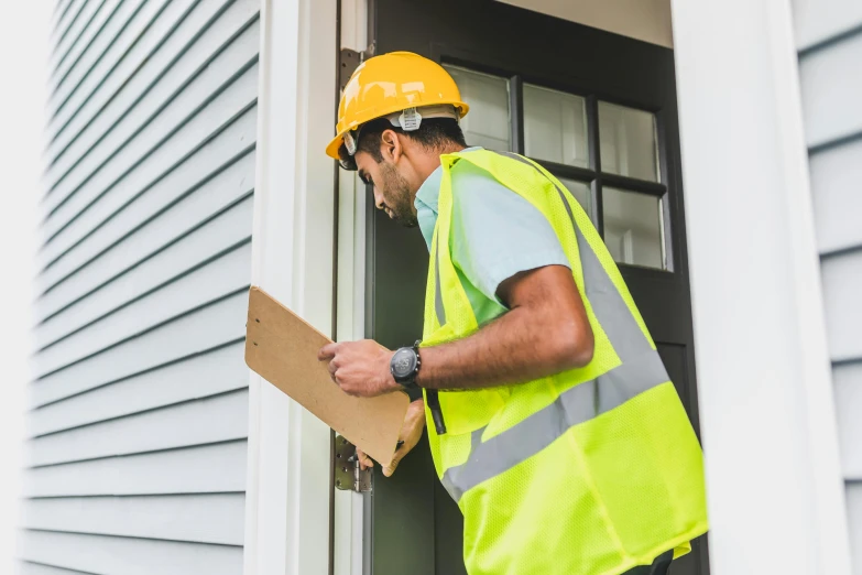 a man in a yellow safety vest holding a clipboard, pexels contest winner, about to enter doorframe, avatar image, residential, beautiful angle