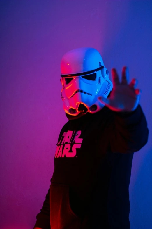 a man wearing a star wars stormtrooper mask, an album cover, unsplash, neons, threatening pose, 2019 trending photo, instagram picture